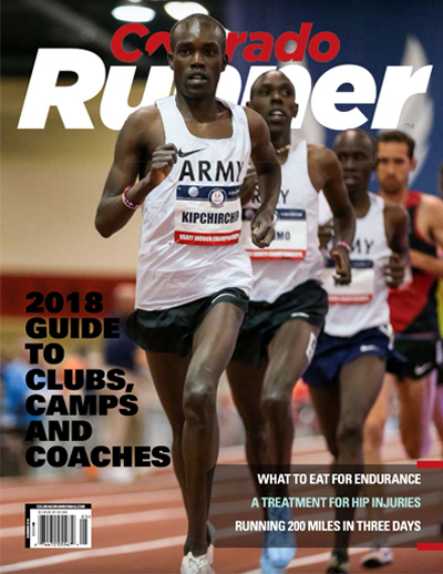 Several runners running around a track on the cover of Colorado runner.